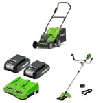 Bundle of Greenworks Lawn Mower 2x24V(48V) Cordless Lawnmower with Mulcher G24X2LM36 + Greenworks 24V Batteries and Dual Slot Charger GSK24B2X + Greenworks 2x24V Cordless Brushcutter GD24X2BCB