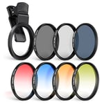 NEEWER 52 mm ND+CPL + Effect Filter Set with Mobile Phone Lens Clamp, ND32/Polarising/6 Point Star/4 Graduated Colour Filters, Compatible with iPhone 16 15 14 Pro Max Plus 13 12 11 Canon Nikon