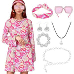 Amycute Déguisement Femme 70 80 Tenue Année Hippie Disco Costume Vintage Rétro Accessoires Lunettes Foulard Bracelet Boule Collier Chaîne Carnaval Halloween