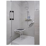 Siège de douche PMR normes handicapé Gamme PRO PELLET 4 lattes blanc avec coussin gris et béquille blanc H longueur 50cm