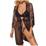 GROPC Robe De Chambre Satin Femme,Saint Valentin Sexy Lingerie Courte Transparente Cils Dentelle Maille Épissage Babydoll Robe Robe Peignoir Kimono Chemises avec G-String Vêtements De Nuit,Noir,3XL