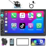 Apple Carplay Autoradio 2 Din avec Android Auto Bluetooth Mains Libres 7 Pouces Écran Tactile Autoradio avec Mirror Link/SWC/FM/USB/EQ/+Caméra de Recul&Microphone&Cadre(Q495)