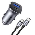 UGREEN 30W USB C Car Charger with 60W USB C Cable PD&QC3.0 Fast Charge Adapter Compatible with iPhone 16/16 Plus/16 Pro/16 Pro Max/15/14, Galaxy S24/S23/S22, Mi 11 Note 10, Pixel 7/6, iPad, Sat Nav