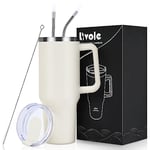 Livole 40oz Tumbler with Handle, 1200ml Leakproof Vacuum Travel Mug for Cold Hot Drink, Insulated Coffee Cup with Straw and Lid, Stainless Steel Water Bottle for Travel, Camping, Sports, Off-White