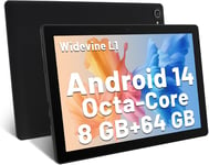 Tablette 10 Pouces Android 14 Octa-Core 8 Go RAM 64 Go ROM 1 to TF Extension 1280x800 IPS Écran Tactile Tablette PC WiFi 6 Bluetooth 5.3 Widevine L1 Double caméra Haut-parleurs 5000mAh (Noir)