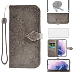 Asuwish Coque pour Samsung Galaxy S21 Plus 5G avec Verre Trempé Protecteur D'écran Rabat Support Cuir Porte Carte Portefeuille Mandala Étui S 21 + S21+ S21Plus 21+ S21+5G Housse Phone Cover Case Noir