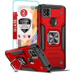 LeYi Coque pour Xiaomi Redmi 9C/9C NFC avec [2pcs] Verre Trempé, étui Armour Aimant 360 Degrés Anneau Support Tough PC Slim Silicone TPU Bumper Housse Full Body Protection Antichoc pour Redmi 9C Rouge