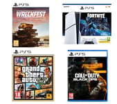 Sony PlayStation 5 Fortnite Cobalt Star Bundle (Model Group - Slim), Wreckfest, Call of Duty: Black Ops 6 & Grand Theft Auto V, White