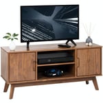 Meuble TV TIVOLI banc télé de 114 cm design vintage scandinave nordique 2 portes et 2 niches, en pin massif lasuré brun foncé