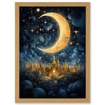 Golden City in the Clouds Surreal Artwork Blue Gold Crescent Moon Starry Night Fairytale Artwork Framed Wall Art Print A4