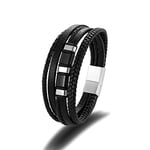 PiercingJak Bracelet Homme Cuir Véritable Bracelet Cuir Acier Inoxydable Noir Argent Fermoir Magnétique Bijoux Homme Cadeau Fête des Pères Papa Anniversaire Saint-Valentin