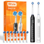 Bitvae Rotating Electric Toothbrush 2 Packs for Adults and Kids, 8 Brush Heads 60-Day Battery Life, 5 Modes Power Toothbrush with 2-Minute Smart Timer, Black & White, R1