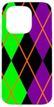 Coque pour iPhone 15 Pro Clowncore Halloween Losanges Plaid Violet Vert Clown Jester