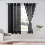 DWCN Lot de 2 Rideaux Voilages à Oeillets pour Fenêtre, Rideau Transparents avec Embrasses pour Salon Chambre d'enfant, Noir, 140x160cm (Largeur x Hauteur)