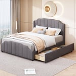 Lit double 140x200 cm, tissu velours, avec 2 tiroirs, sommier à lattes, lit adulte capitonné, style scandinave - gris