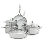 GreenPan Venice Pro Tri-Ply Acier Inoxydable Céramique Saine Antiadhésive 10 Pièces Batterie de Cuisine Poêles et Casseroles, Sans PFAS, à Induction, Va au Lave-Vaisselle, Va au Four, Argent