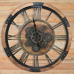 DORBOKER Horloge Murale Engrenages Mobiles Geante 68cm Industrielle Bois Massif Vintage Pendule Murale Silencieuse Steampunk Chiffres Romains pour Salon Cuisine Bar Bureau (Bois Brun)