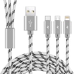 ASICEN Multi Charger Cable 3A, 3-in-1 Charging Cable 10Ft, Multiple USB Cable Nylon Braided with IP/Type C/Micro USB Connector for iPhone/Samsung Galaxy/Oneplus/Tablets/LG/Pixel/PS-Grey