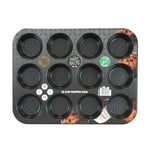 Hairy Bikers Bakeware, 12 Cup Muffin Tray, Non-Stick Coating, PFOA Free, Oven Safe, Dishwasher Safe, Freezer Safe, Black