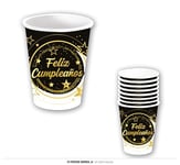 FIESTAS GUIRCA | 6 Verres Jetables Joyeux Anniversaire (240 ml) (9 cm) - Décoration de Table pour Fêtes d'Anniversaire - Idéal pour Célébrations et Événements - Noir, Or, Blanc