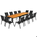 Salon de Jardin Bois Noir - Table Extensible 35/270cm - 12 chaises - Mobilier Extérieur Jardin Terasse