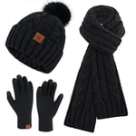 ZASFOU Femme Hiver Bonnet Chapeau Foulard Écran Tactile Gants Ensemble Chenille Pompon Tricot Polaire Doublé Casquette Écharpe Gant Cadeaux pour Femmes