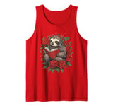 Flowers Sloth Reading Book Valentines Day Graphic Funny Tank Top