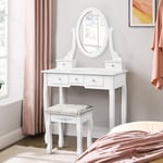 Coiffeuse avec Miroir, Tabouret, 5 tiroirs, Commode en bois, Style Moderne - Blanc