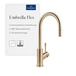 Robinetterie Villeroy & Boch Umbrella Flex, haute pression, robinet avec douchette extractible et rotation 360°, robinetterie économique, bec 220 mm, gold