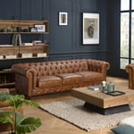 Gaston - Canapé marron chesterfield capitonné vintage 3 places cuir pieds bois