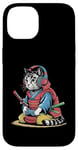 Coque pour iPhone 14 Japon Kawaii Cat Samurai Casque Casque Manette de Jeu Vidéo