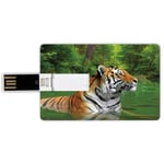 16G USB Flash Drives Credit Card Shape Tiger Memory Stick Bank Card Style Black Striped Large Cat from Siberia Swimming in the Lake in the Forest Decorative,Fern Green Light Brown Waterproof Pen Thumb
