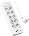 Multiprise 10 Prises Avec 4 Ports Usb Chargeur (5V3,1A/15,5W) Bloc Multiprises 16A Avec Interrupteur Multiprises Usb Avec Cable 2M Pour Smartphone, Maison, Bureau-Blanc