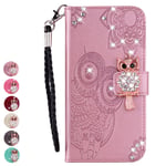 Rose-Otter Compatible pour Coque Samsung Galaxy A10 Cuir Housse Etui Paillette Brillante Porte Carte Portefeuille Antichoc Flip Case Hibou Mandala Fleur Motif - Or Rose