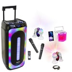 Pack Enceinte portable sur batterie Karaoke USB Bluetooth MS-MAGIC-SOUND1000 TWS 1000W 2 Micros - Effet Derby - 2 Jeux Lumière Astro