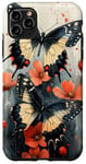 Coque pour iPhone 11 Pro Max Papillons rouges avec des fleurs rouges la nuit