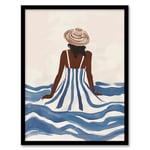 Artery8 Woman in Blue White Stripy Summer Holiday Dress Living Room Artwork Framed Wall Art Print 18X24 Inch