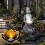 Lampe solaire Bouddha Feng Shui extérieur fleur solaire extérieur fleur de lotus solaire verre craquelé, gris, ampoules led, 1x lotus 1x bouddha, lot