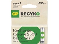 Gp Uppladdningsbara Batterier, Aaa (Hr03), 1,2V, 650 Mah, Gp, Kartong, 2-Pack, Recyko