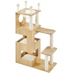 Arbre à Chat en Bois à 4 Niveaux Maison pour Chat avec Cachettes Spacieuses Coussins Pelucheux Panier Transparent Griffoirs Panneaux en Sisal Jouets