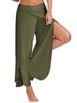 AAP Pantalon de yoga fendu large pour femme - Style hippie décontracté - Coupe ample - Pantalon de plage - Pour pilates - Vert foncé - L