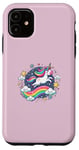 Coque pour iPhone 11 Licorne ludique volant à travers le ciel étoilé avec arc-en-ciel