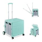 Relaxdays Chariot de Courses Pliable, Caisse à roulettes, avec Couvercle, poignée inclinable, 50 kg, Turquoise/Gris