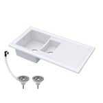 101cm 1.5 Bowl Fireclay Inset Kitchen Sink, Drainer and Compatible Wastes, White