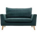 Canapé scandinave 2 places en tissu effet velours bleu canard et bois clair jonas