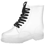 LUXMAX Womens Chunky Low Heel Lace Up Waterproof Wellington Combat Clear Ankle Rain Boots Size 3UK,White