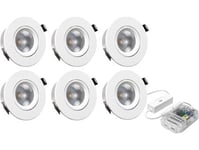 Downlight 6,8W. Lysstrøm: 550Lm 3000K, 475Lm 2700K. Ra92. Spredningsvinkel 40 Grader. 6 Pak Fasedæmpbar.