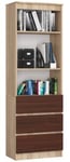 Bibliothèque de bureau AKORD R60 Chêne Sonoma 60 cm 3 tiroirs façade Wengé 3 étagères 60x35x180 cm