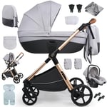 Sianldcone Poussette 3 en 1, Tissus Haut de Gamme Poussette Bebe, Poussoir Bidirectionnel Poussette Avec Cosy, Vision Buverte Poussettes Combinées (H2 Light Grey)