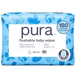 Pura Flushable Baby Water Wipes 3 x 60 per pack, (180 Wet Wipes) 100% Plastic Free, 99% Water, Suitable for Sensitive & Eczema Prone Skin, Biodegradable, Compostable, Vegan, Potty Training